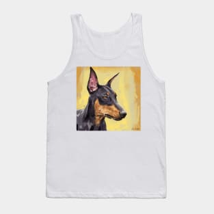 Painting of a Black and Gold Doberman on Orange an Yellow Background Tank Top